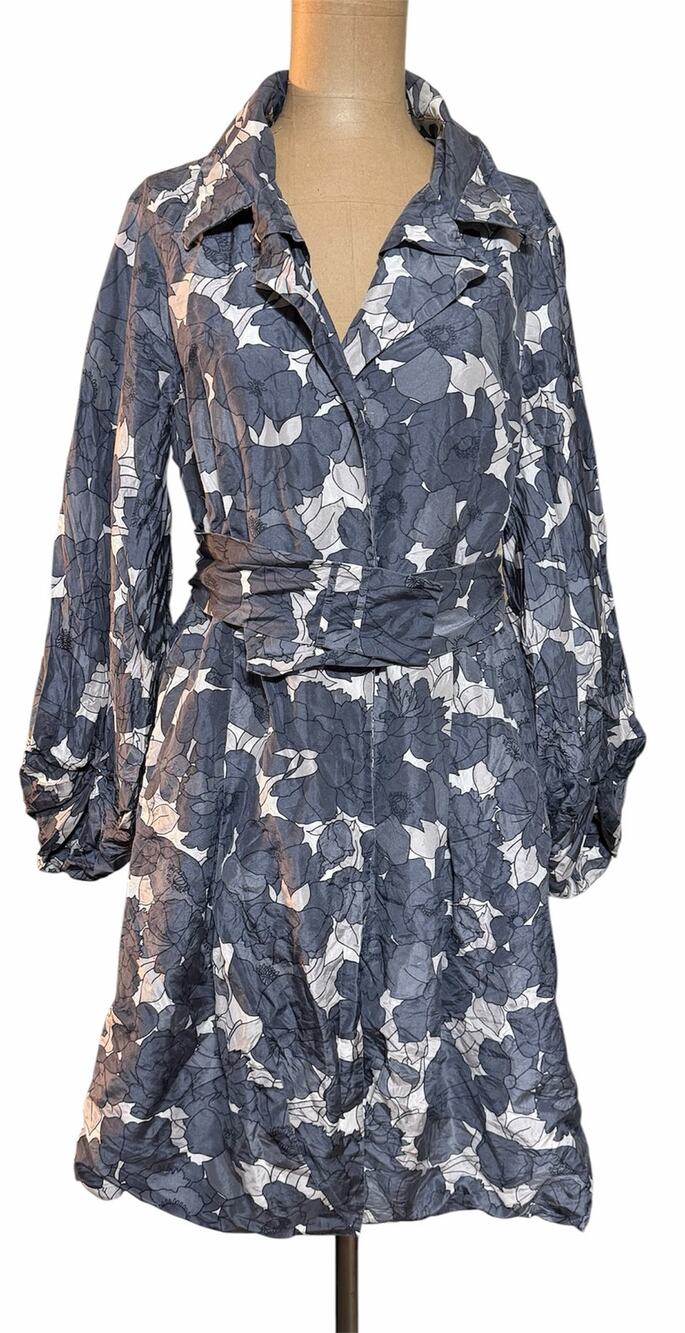 Sportmax Max Mara Dress Gray Floral Silk Button Front Belted Rare Vintage size 8